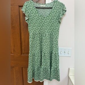 Max Studio Small Floral Green Print Tiered Dress with flutter sleeves.